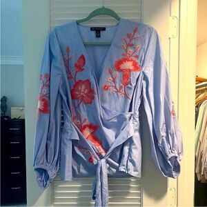 INC International Concepts Blue Blouse with Red Floral Embroidery